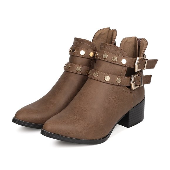 Pointy Toe Gold Round Studded Buckled Cutout Block Heel Ankle Booties - Picture 2 of 6